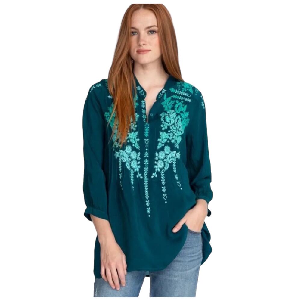 Johnny Was Embroidered Top Teal Blue